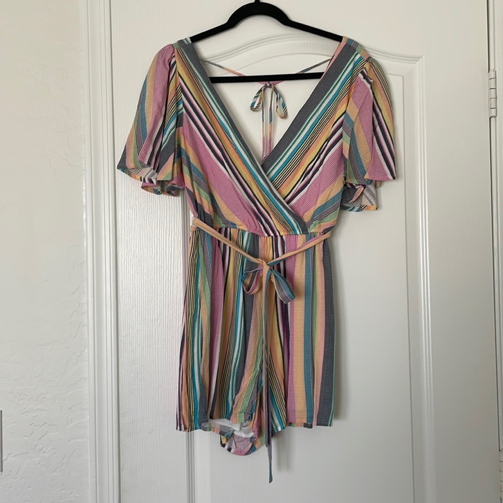 Francesca’s Multicolor Striped Romper. NWT